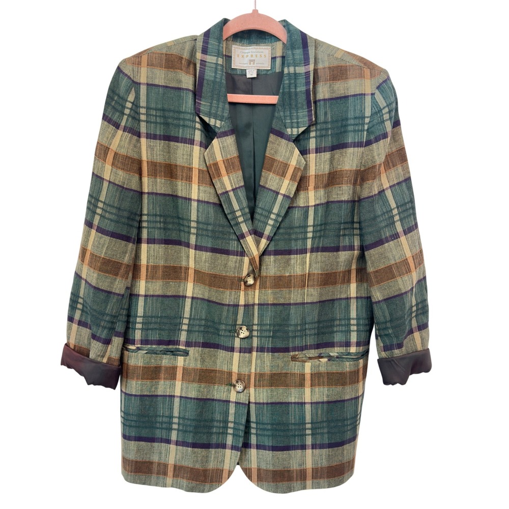 Express Blazer Vintage 90s Green Plaid Linen Cotton Blend USA Made‎ Size M